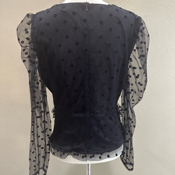 Missguided Dobby Mesh Black Long Puff Sleeve Women’s Blouse Top V Neck EUC - Picture 13 of 14